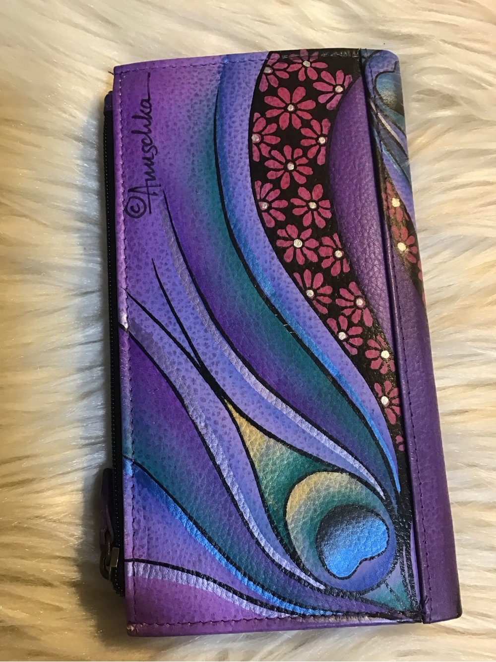 ANUSCHKA leather peacock floral painted wallet - Picture 4 of 16